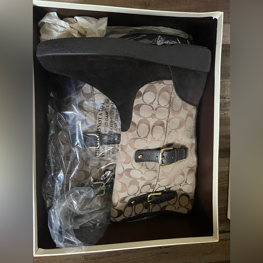 Coach Beige and Brown Signature Wedge Rain Boots
